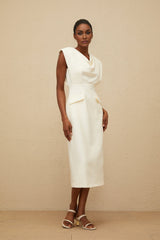 Felicity Midi Dress - Cowl Neck - Cap Sleeves - Pencil Silhouette - Faux Pocket Detailing - Rear Slit
