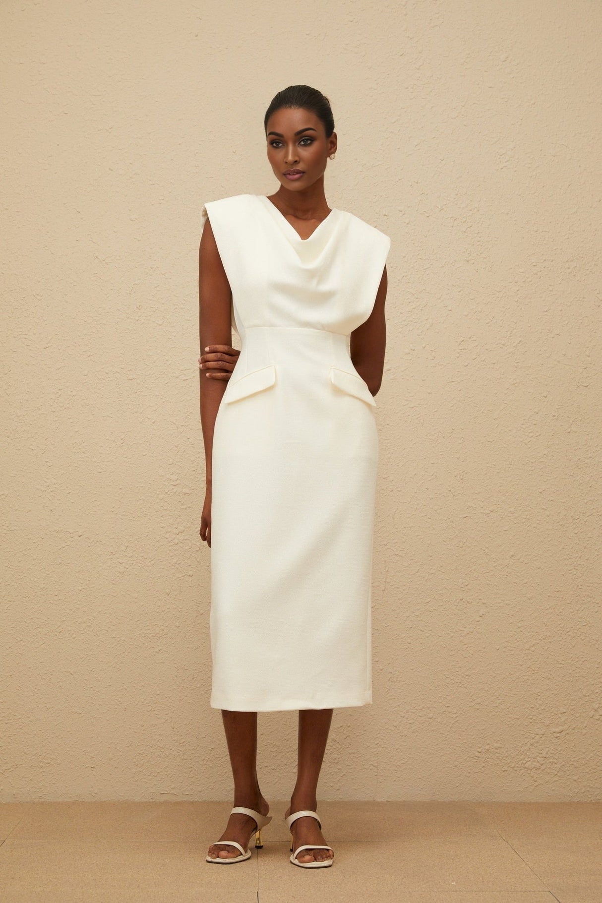Felicity Midi Dress - Cowl Neck - Cap Sleeves - Pencil Silhouette - Faux Pocket Detailing - Rear Slit
