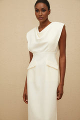 Felicity Midi Dress - Cowl Neck - Cap Sleeves - Pencil Silhouette - Faux Pocket Detailing - Rear Slit