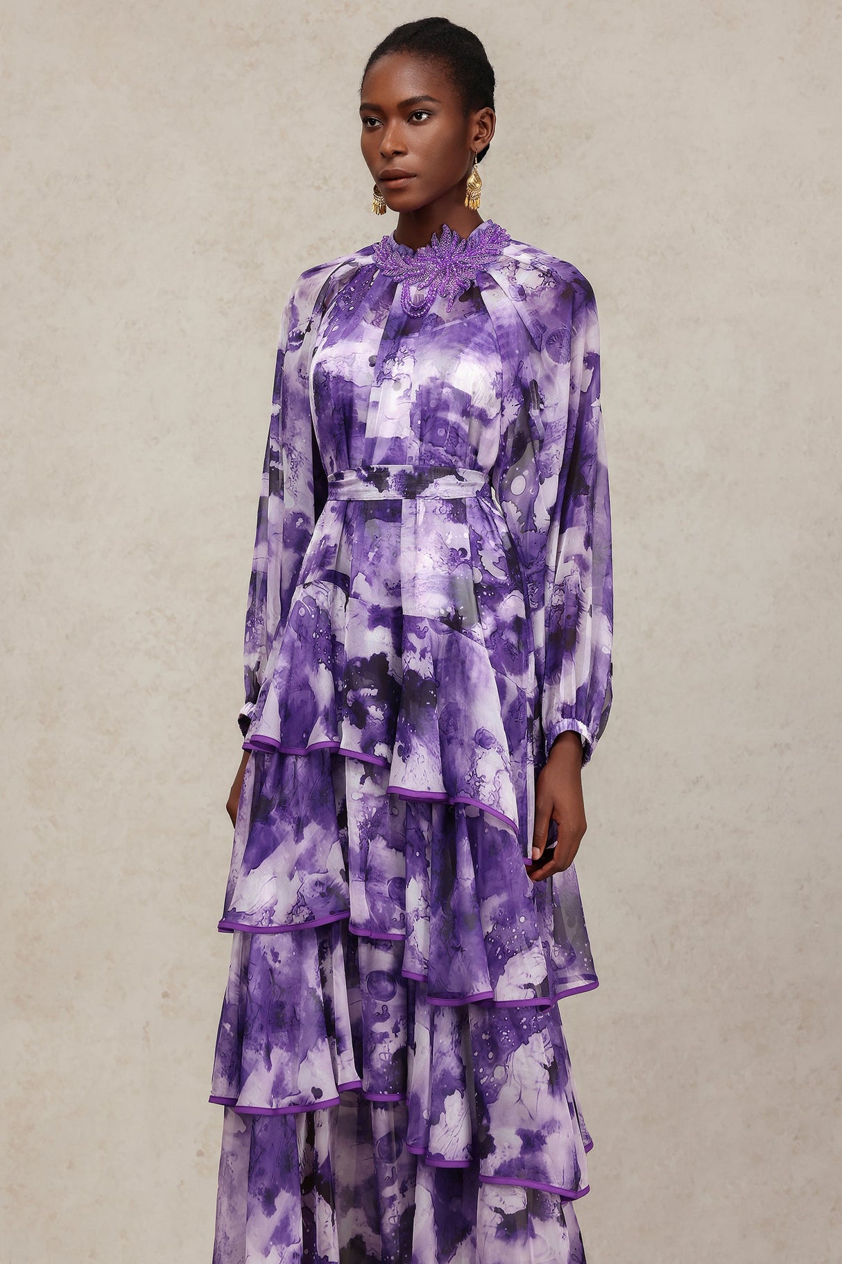 Felicity Purple Floral Lace Detail Long Sleeve Layered Skirt Dress