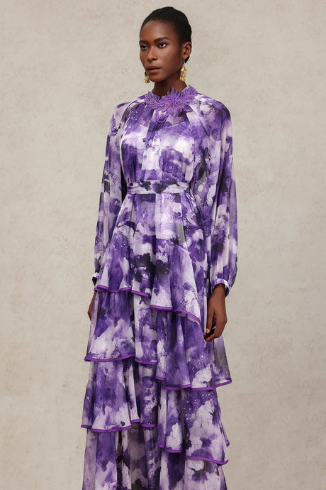 Felicity Purple Floral Lace Detail Long Sleeve Layered Skirt Dress
