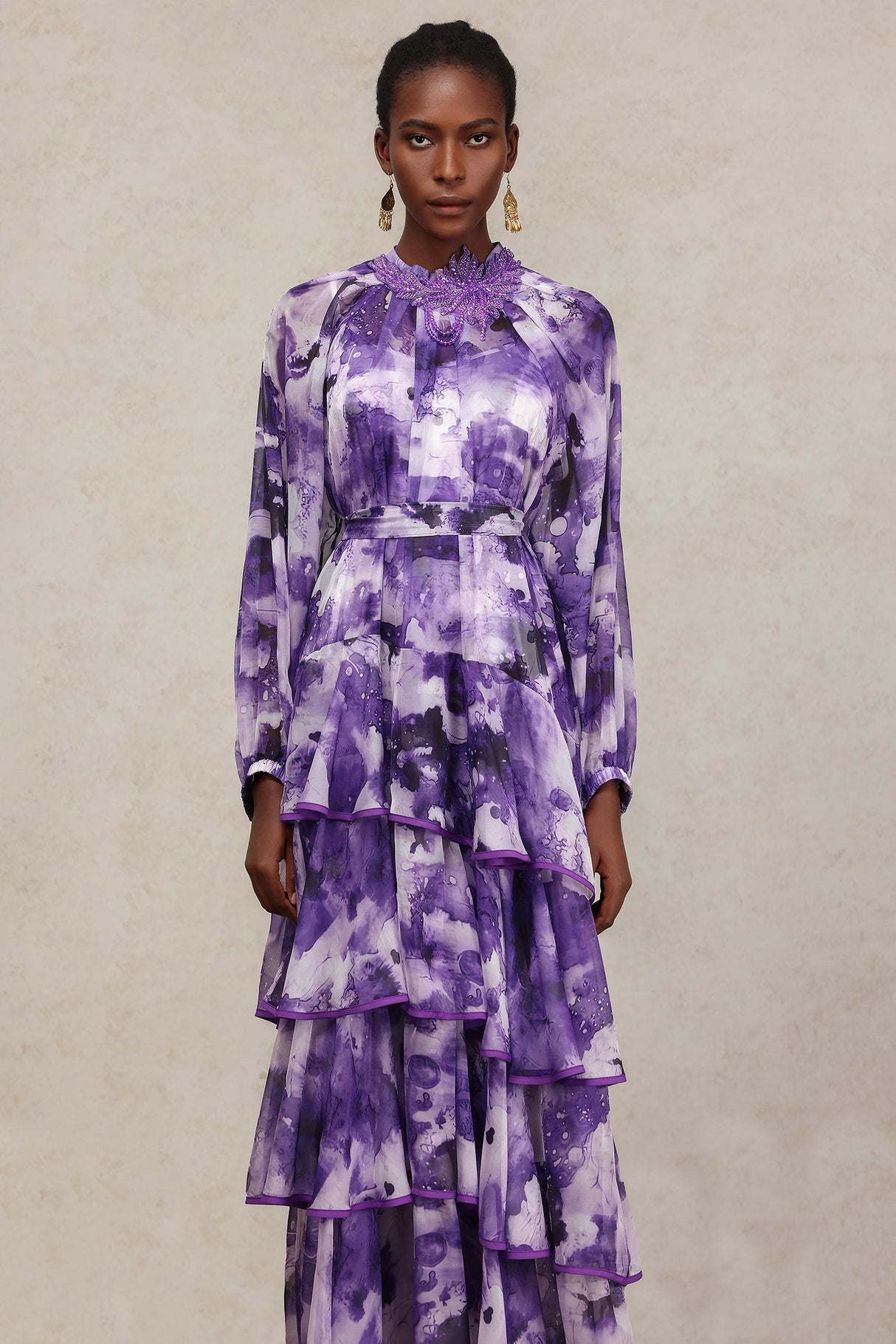 Felicity Purple Floral Lace Detail Long Sleeve Layered Skirt Dress
