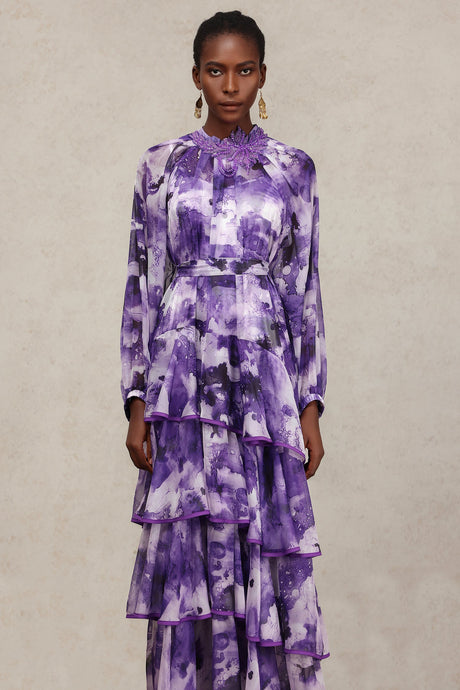 Felicity Purple Floral Lace Detail Long Sleeve Layered Skirt Dress