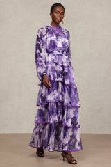 Felicity Purple Floral Lace Dress with Long Sleeves and Layered Skirt