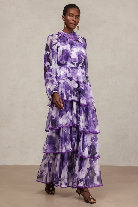 Felicity Purple Floral Lace Dress with Long Sleeves and Layered Skirt