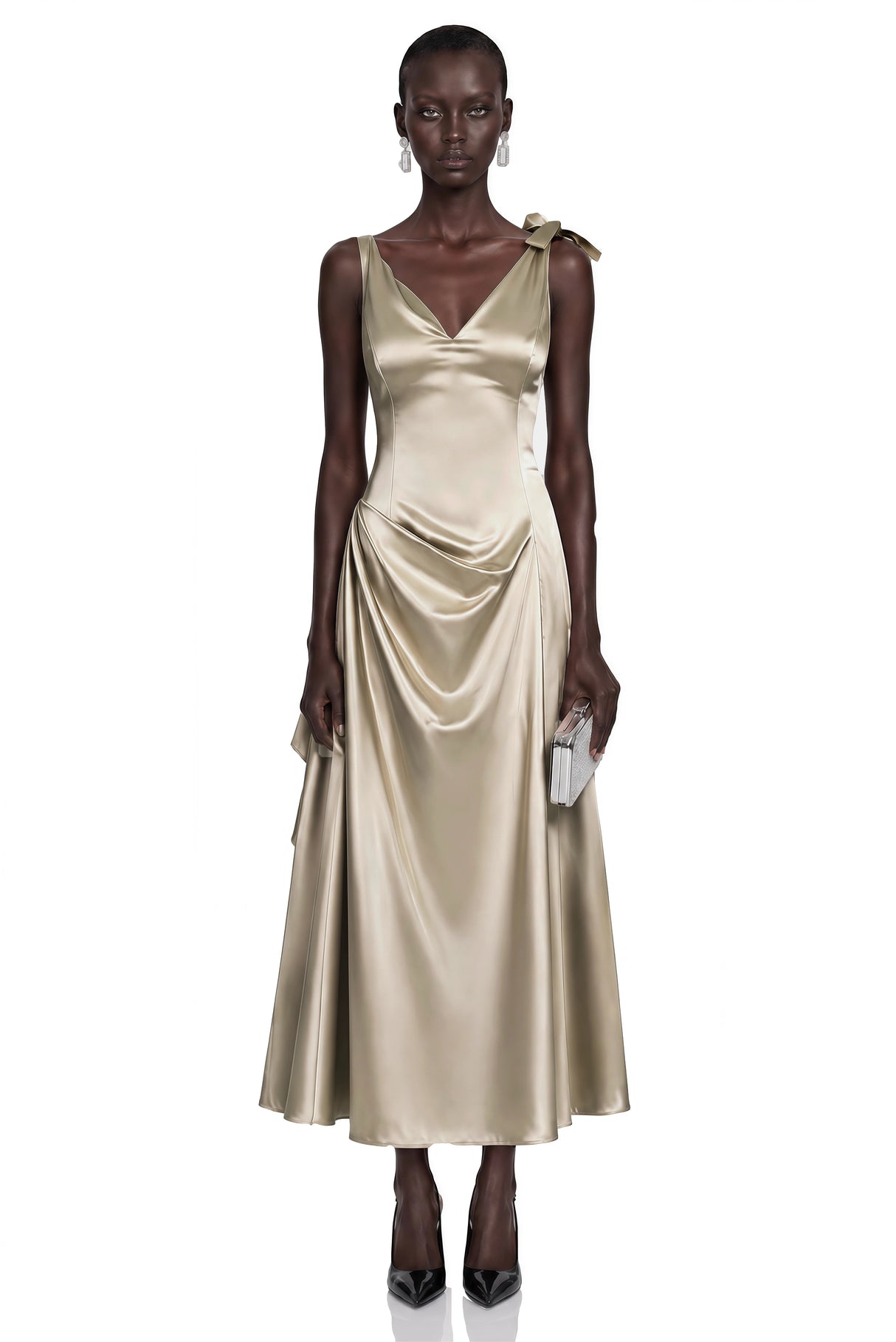 Felicity Taupe Satin VNeck Ruched Flared Midi Dress