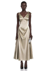 Felicity Taupe Satin VNeck Ruched Flared Midi Dress
