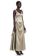 Felicity Taupe Satin VNeck Ruched Flared Midi Dress