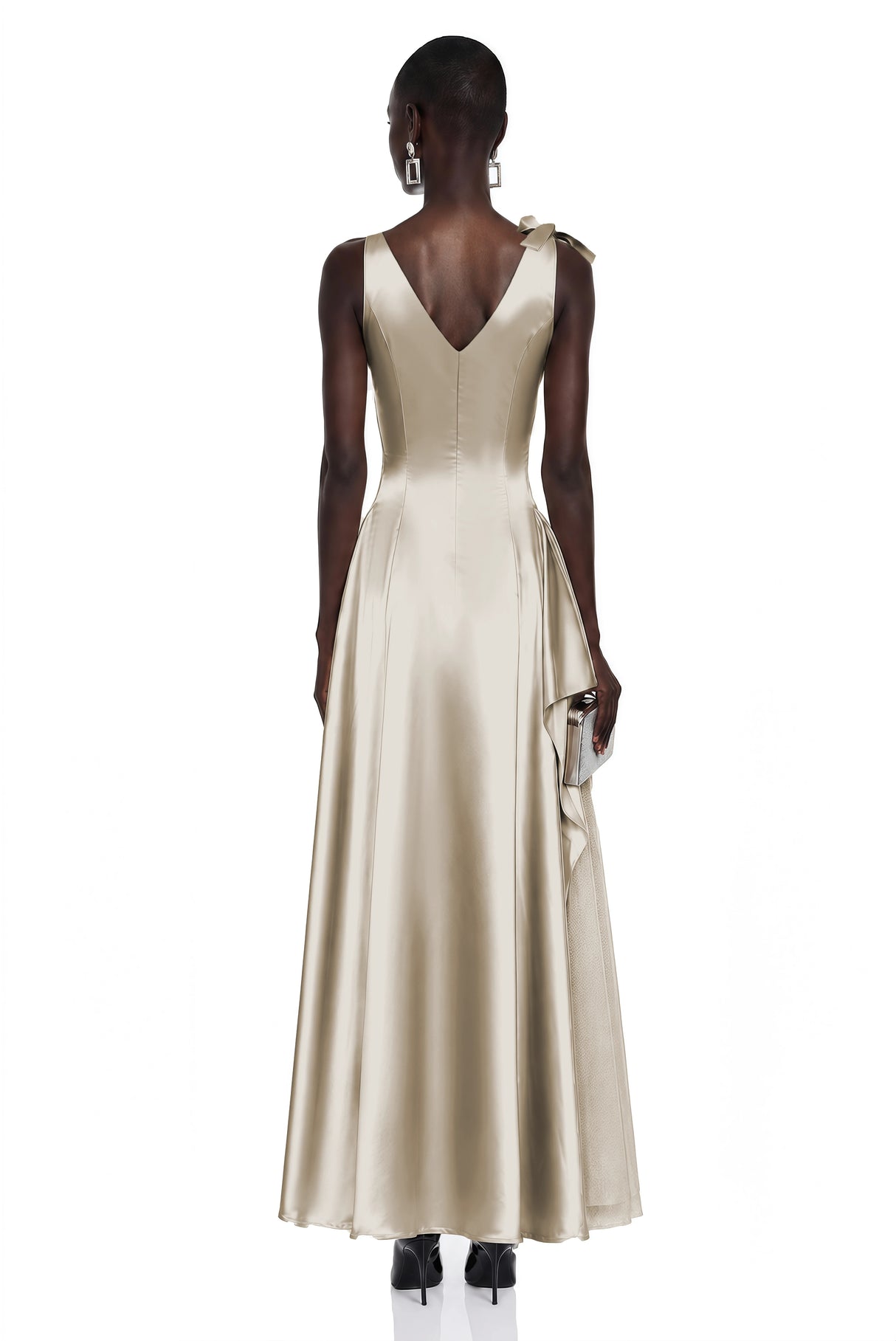 Felicity Taupe Satin VNeck Ruched Flared Midi Dress