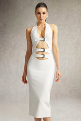 Felicity White Halter Neckline Cut-Out Detail Midi Dress with Metal Buckle Accents