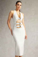 Felicity White Halter Neckline Cut-Out Midi Dress with Metal Buckle Accents