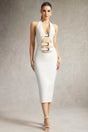 Felicity White Halter Neckline Cut-Out Midi Dress with Metal Buckle Accents
