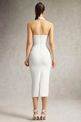 Felicity White Halter Neckline Cut-Out Midi Dress with Metal Buckle Accents