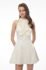 Felicity White Halterneck Mini Dress with Lace Panels