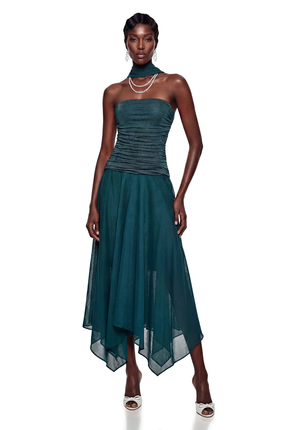 Fenella Green Asymmetrical Ruched Maxi Dress