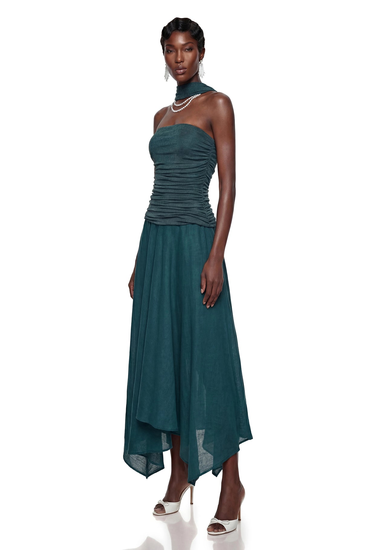 Fenella Green Asymmetrical Ruched Maxi Dress
