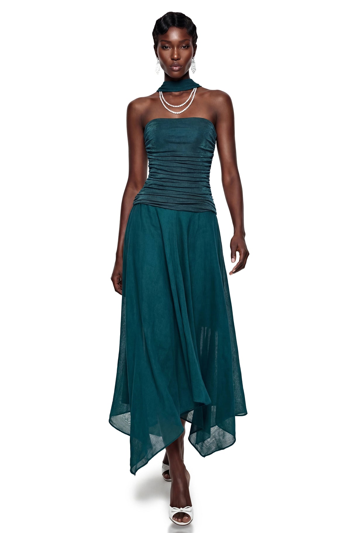 Fenella Green Asymmetrical Ruched Maxi Dress