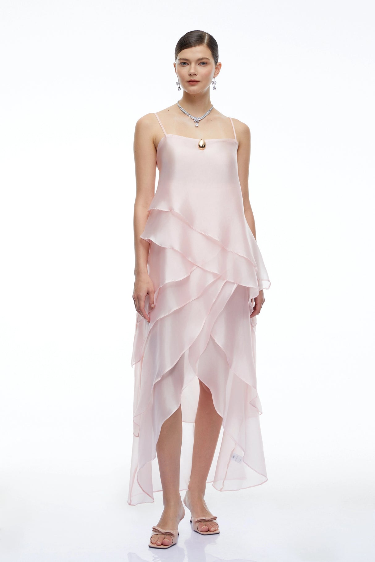 Fenella Pink Tiered Halterneck Midi Dress