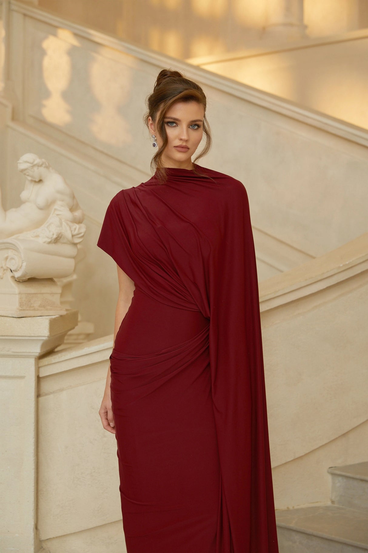 Fenella Red Asymmetrical Draped Cape  Dress Matching Set