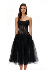 Feriha Black Lace Corset Pleated Midi Dress