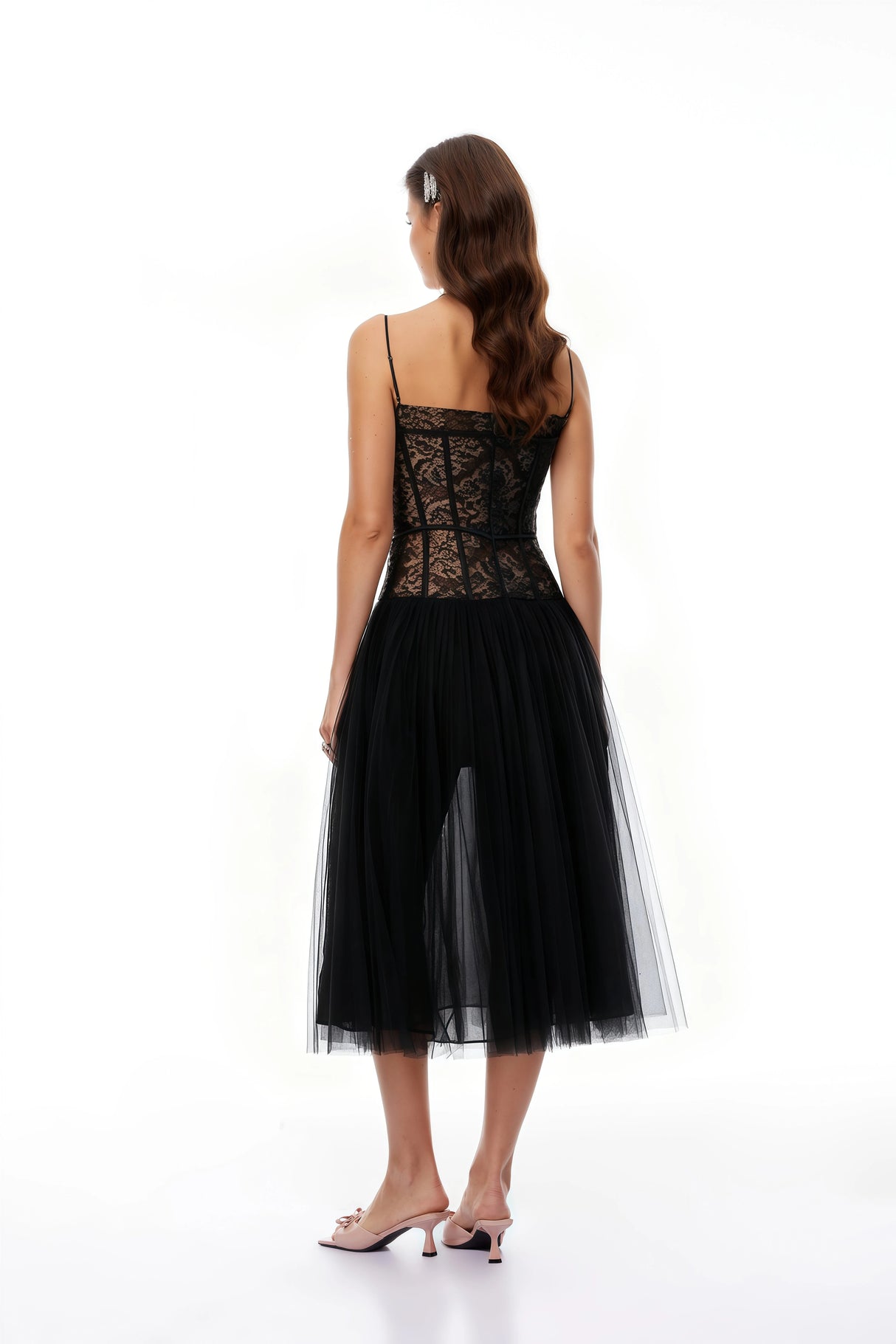 Feriha Black Lace Corset Pleated Midi Dress