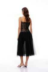 Feriha Black Lace Corset Pleated Midi Dress