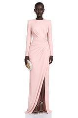 Feriha Pink Ruched Maxi Dress with High Slit