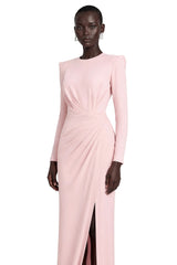Feriha Pink Ruched Maxi Dress with High Slit