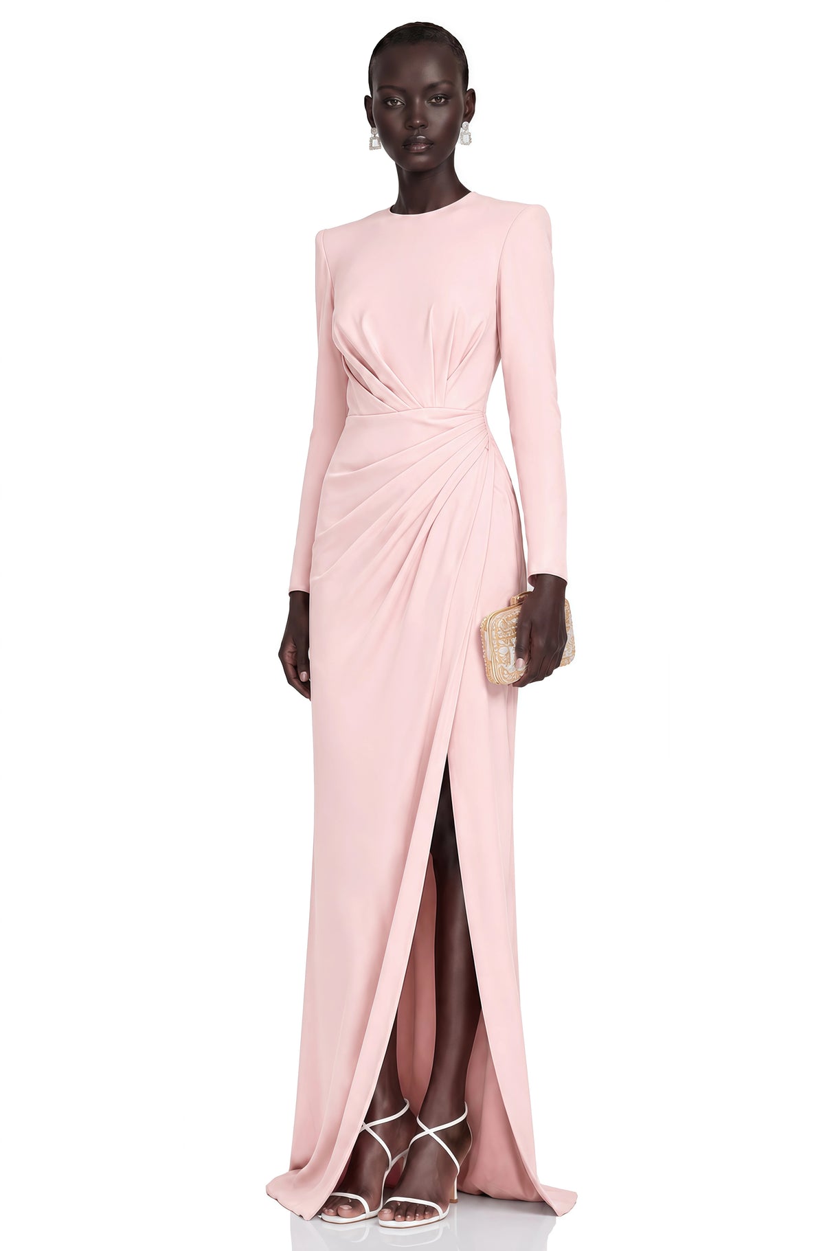 Feriha Pink Ruched Maxi Dress with High Slit