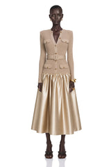 Fern Gold Satin Panel Knit Midi Dress