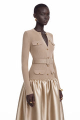 Fern Gold Satin Panel Knit Midi Dress