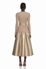 Fern Gold Satin Panel Knit Midi Dress