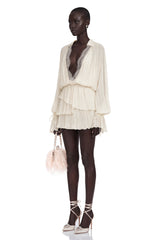 Fernanda Cream Ruched Mini Dress with Lace Trim