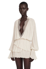 Fernanda Cream Ruched Mini Dress with Lace Trim