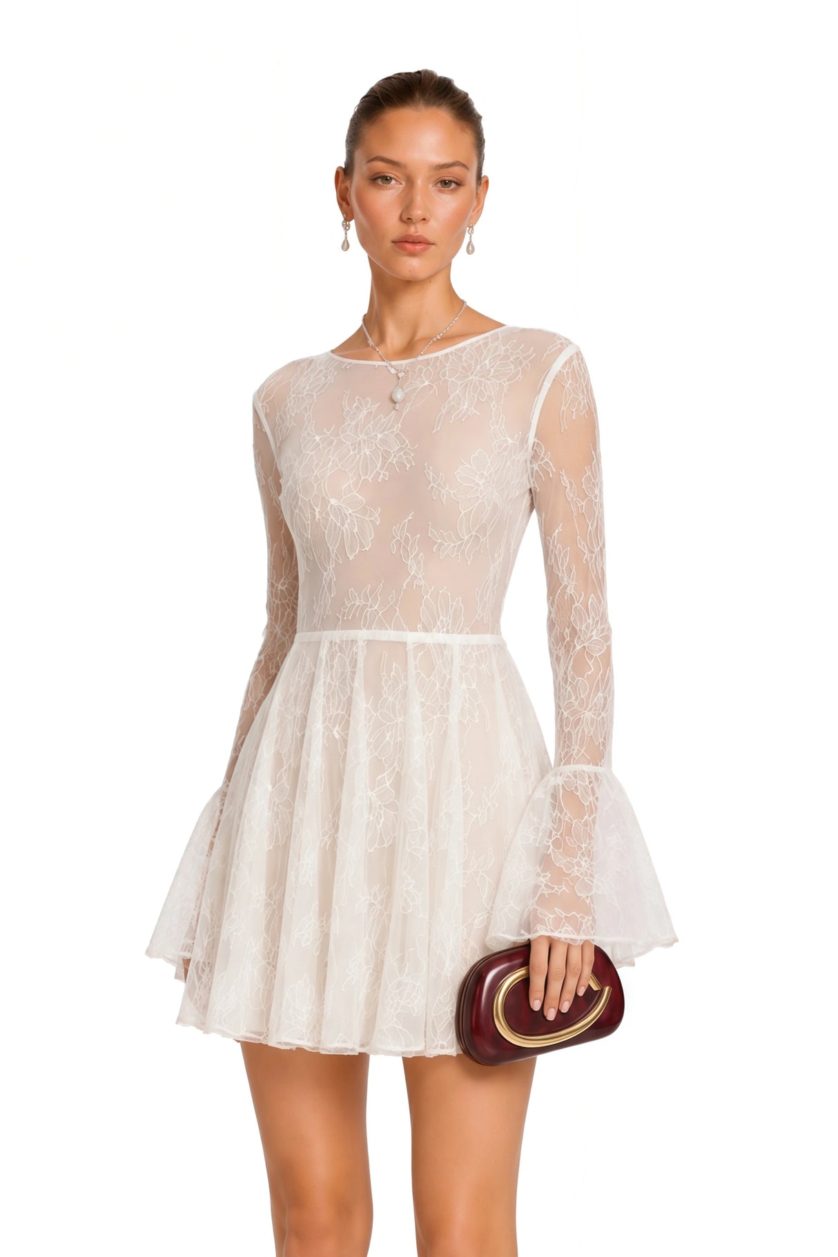 Fernanda White Pleated Floral Lace Mini Dress