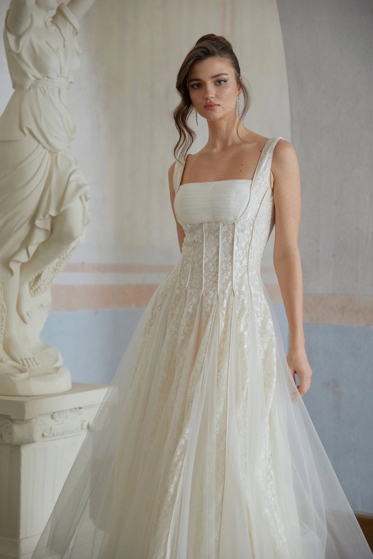 Fiadh Neutral Tulle Panel Lace Maxi Dress