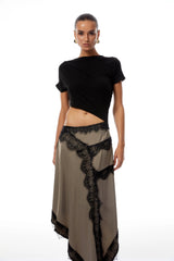 Fiamma Black Gathered Lace Panel Maxi Dress