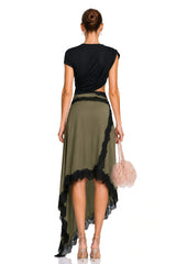 Fiamma Black Gathered Lace Panel Maxi Dress