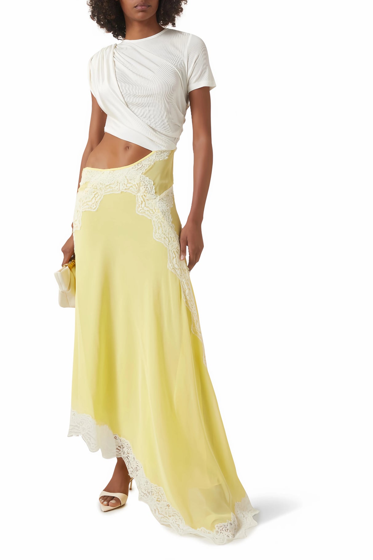 Fiamma Yellow Gathered Lace Panel Maxi Dress