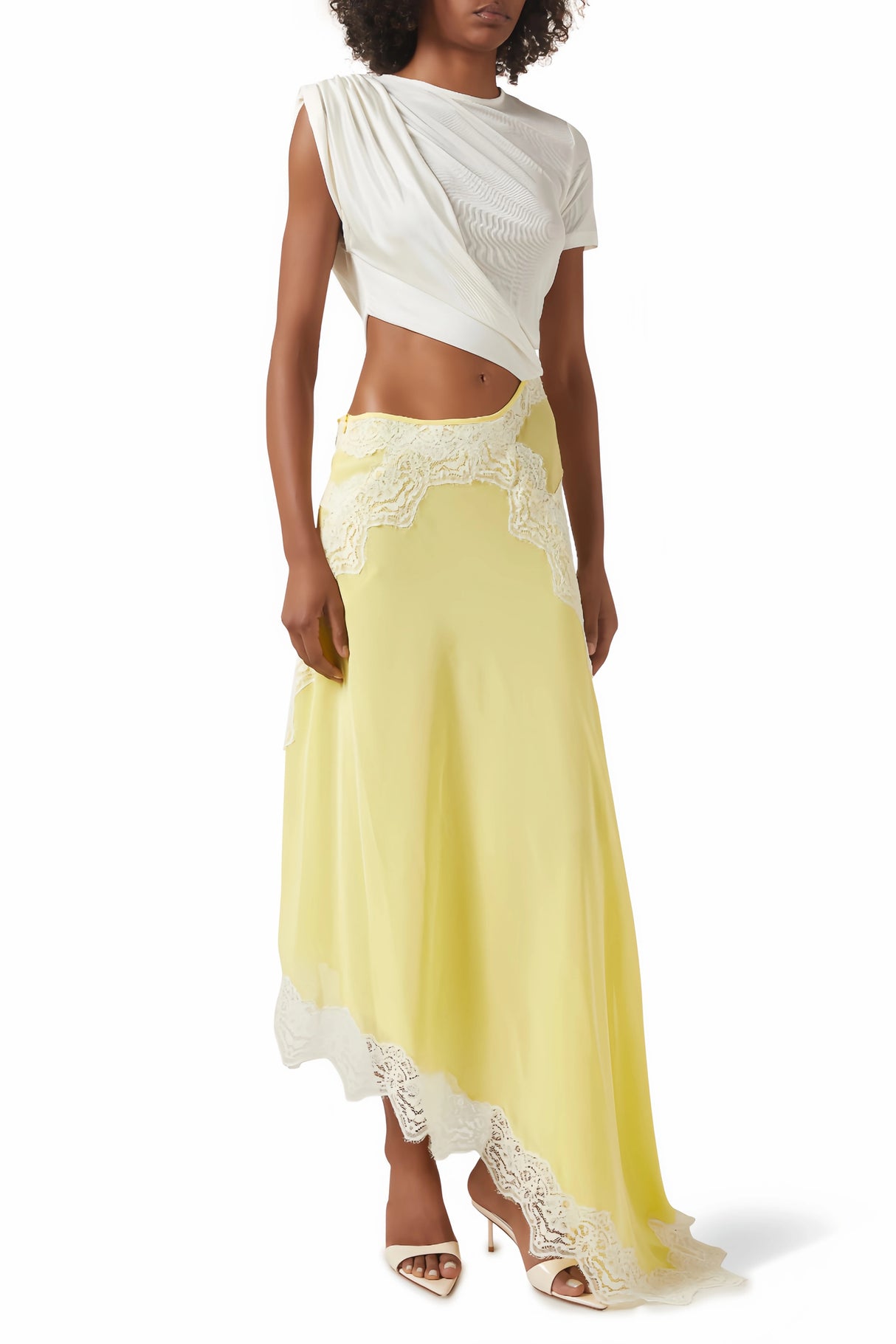 Fiamma Yellow Gathered Lace Panel Maxi Dress