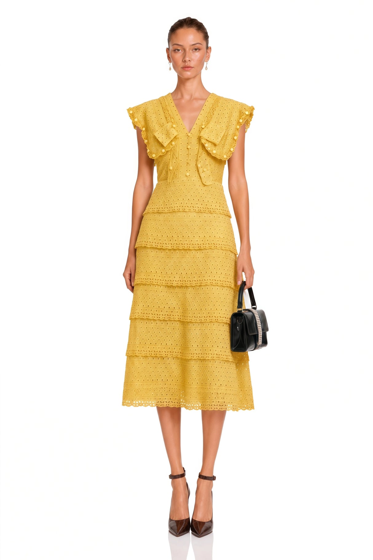 Fidji Yellow Layered Embroidered Midi Dress