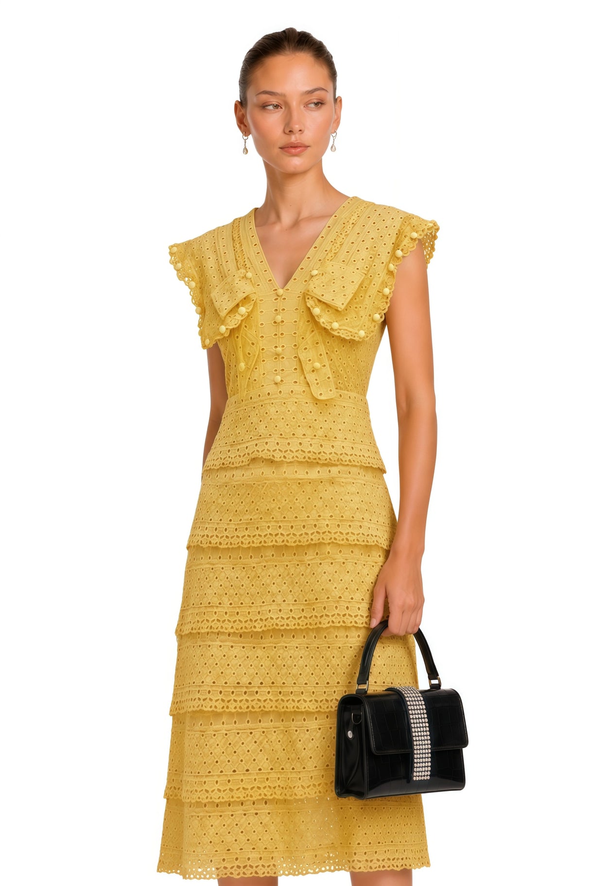 Fidji Yellow Layered Embroidered Midi Dress