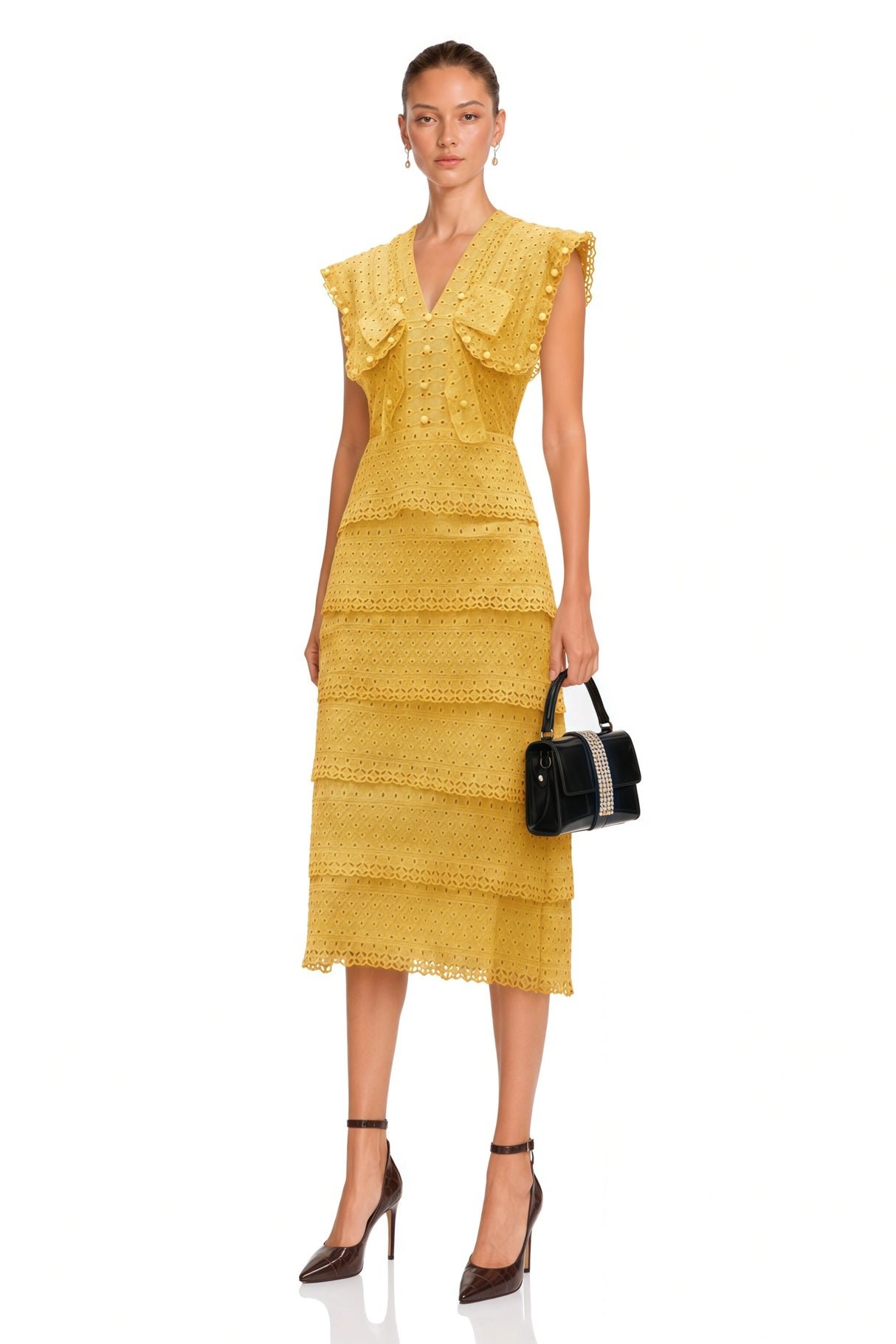 Fidji Yellow Layered Embroidered Midi Dress