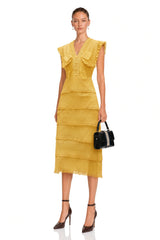 Fidji Yellow Layered Embroidered Midi Dress