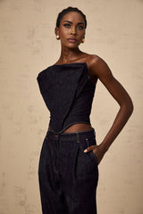 Filippa Denim Top - Off - the - shoulder Design - Contrast Stitching - Cinched Waist - Rear Zipper