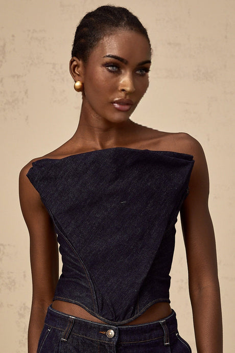 Filippa Denim Top - Off - the - shoulder Design - Contrast Stitching - Cinched Waist - Rear Zipper