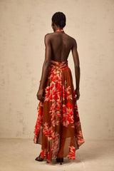 Filippa Maxi Dress Brown Floral Asymmetrical Cinched Waist Open Back