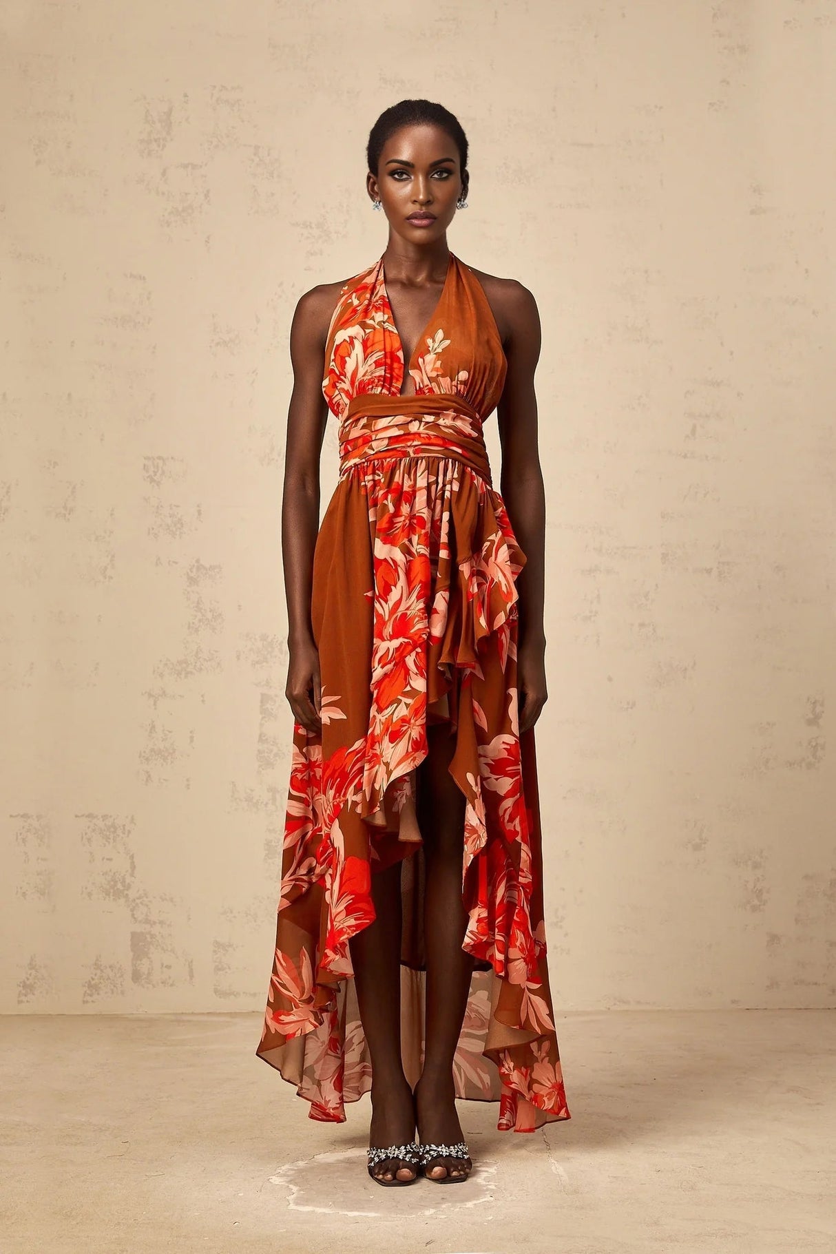 Filippa Maxi Dress Brown Floral Asymmetrical Cinched Waist Open Back
