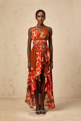 Filippa Maxi Dress Brown Floral Asymmetrical Cinched Waist Open Back