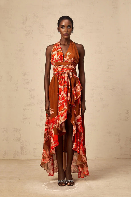 Filippa Maxi Dress Brown Floral Asymmetrical Cinched Waist Open Back